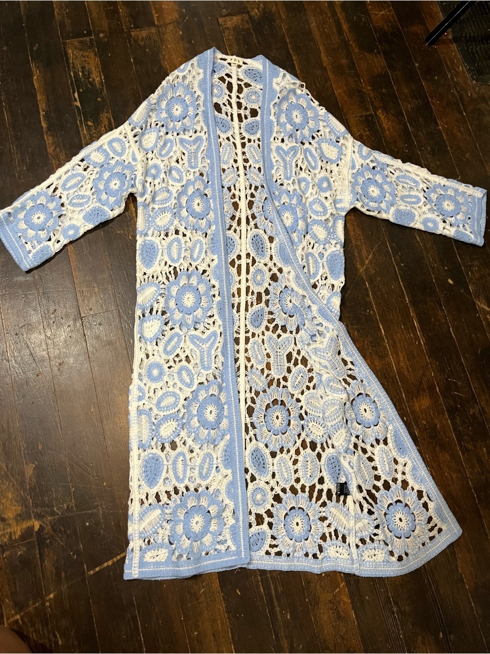 POL Light Blue and White Crochet Kimono Cover-Up